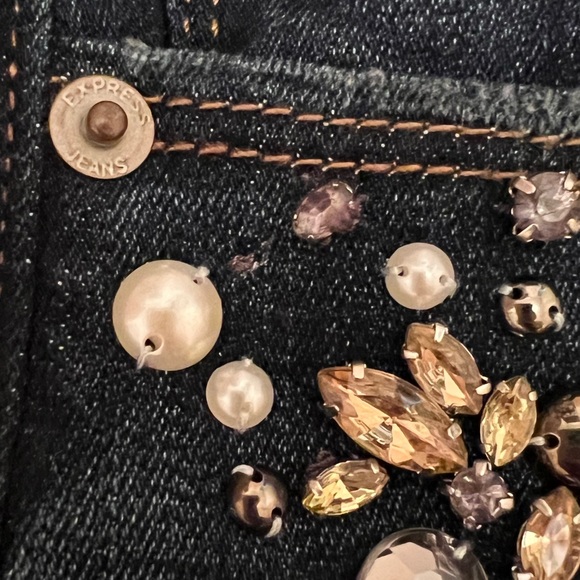 Express Embellished Mid Rise Dark Denim Skinny Jean - Picture 7 of 10